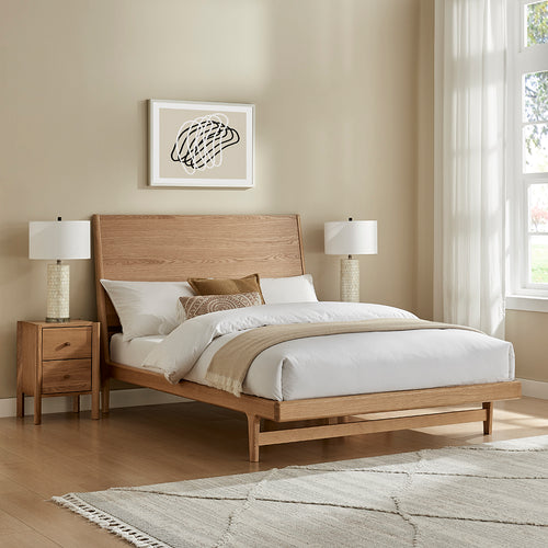 Rosalie bedframe with light wood headboard, slatted base, and tapered legs