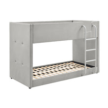 Meadow bunk bed with light gray upholstery and slatted mattress base, no bedding.