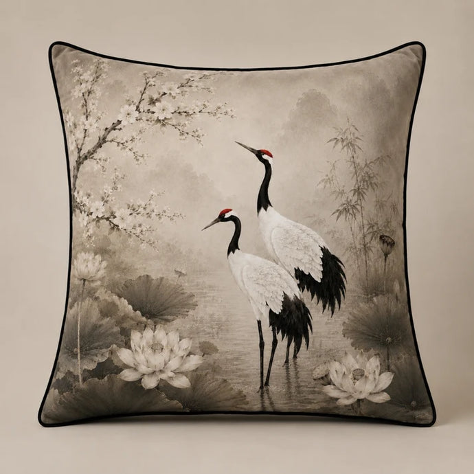 Square decorative cushion with crane and floral illustration, black piping border