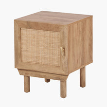 Wood bedside table with single door and woven rattan panel, side view