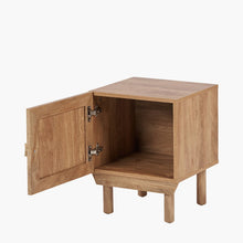 Wood bedside table with one door open, showing the empty interior