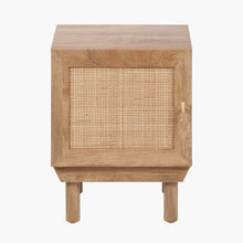 Wood bedside table with one door featuring a woven rattan center panel