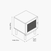 Bedside table size diagram: H50cm W39cm D40cm, woven rattan door