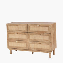 6-drawer chest in light wood with woven rattan panels, metal handles, and tapered legs