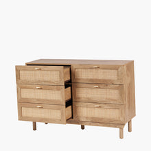 6-drawer chest with side view of woven rattan fronts, light wood frame, metal bar pulls