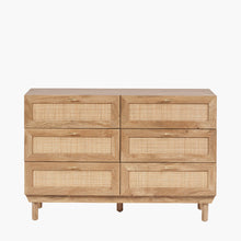 6-drawer dresser with six woven rattan drawer fronts and light wood body, metal bar pulls