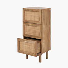 Tall bedside cabinet angled view with three woven drawers and light wood frame