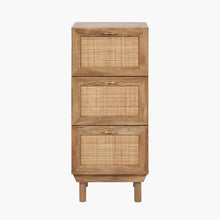 Tall bedside cabinet with three woven drawer fronts and brass-tone pulls