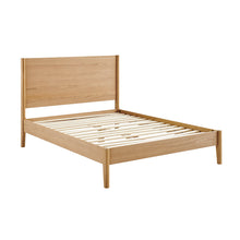 Wooden bedframe with slatted base, low headboard, and four tapered legs