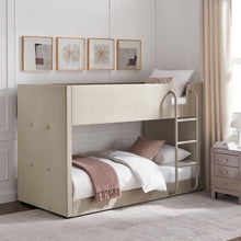 Meadow bunk bed in light gray upholstery with ladder and twin-size top guard rail.