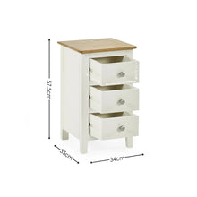 White 3-drawer bedside table with oak-effect top, labeled dimensions 57cm H and 34cm W