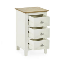 3-drawer bedside table in white with oak-effect top and silver knobs, open drawers