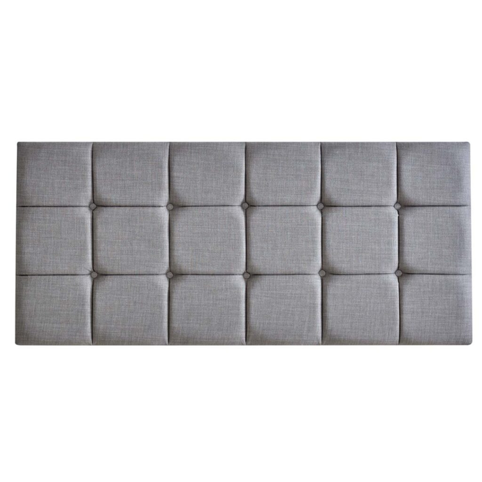 Upholstered grey headboard with padded square panel design and stitched edges