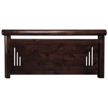 Dark brown wooden headboard with panel design and vertical accent slits on sides