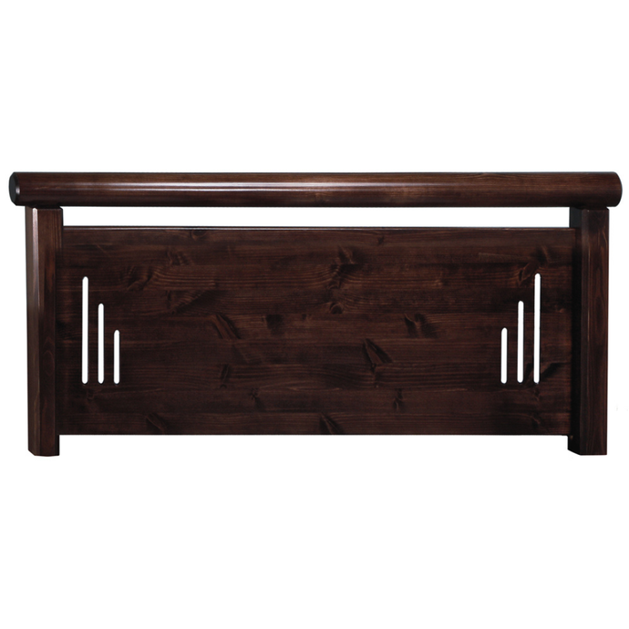 Dark brown wooden headboard with panel design and vertical accent slits on sides