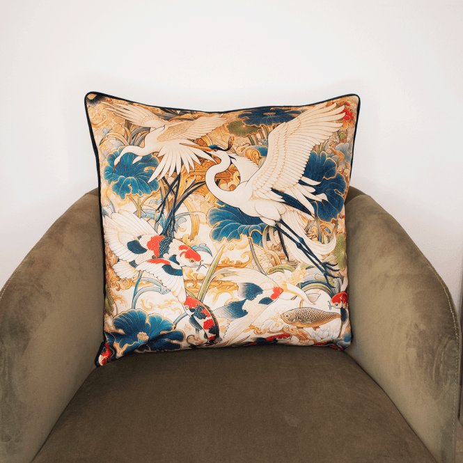 Orient 1 bird and koi square cushion with ornate blue, cream, and orange scene
