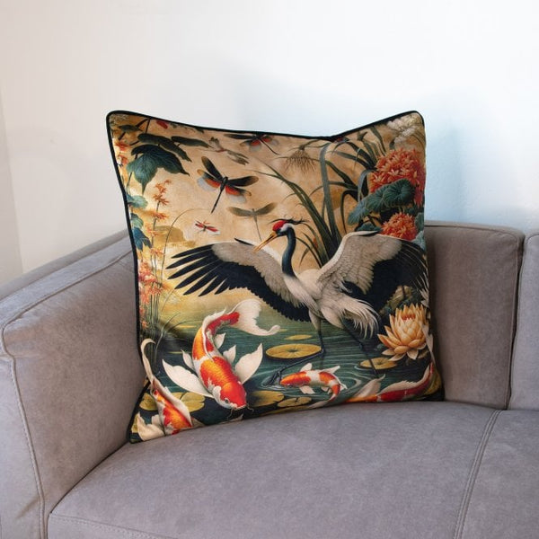 Orient 2 bird and koi cushion cover with multicolor crane and koi print