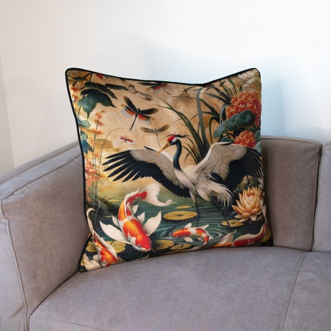 Orient 2 bird and koi cushion cover with multicolor crane and koi print
