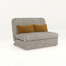 Light gray sofa bed with two tan throw pillows, three-quarter view