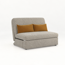 Light gray sofa bed with two tan throw pillows, side view