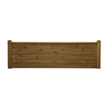 Wooden headboard with flat panels and warm brown finish, straight top rail, side posts.