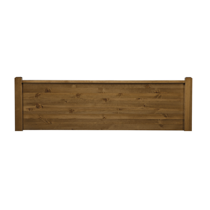 Wooden headboard with flat panels and warm brown finish, straight top rail, side posts.