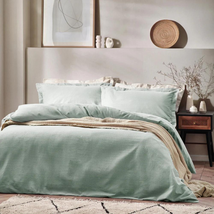 Waffle Textured Duvet Cover Set in Seafoam