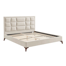 Natural upholstered bedstead with segmented headboard, open slatted base