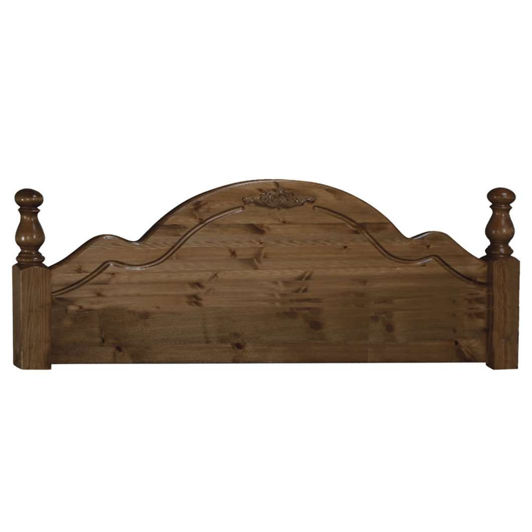 Wooden headboard with arched top and turned posts, warm brown finish