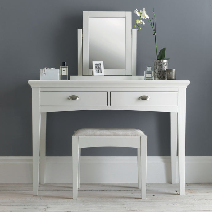 White dressing table with mirror and two drawers, rounded metal handles