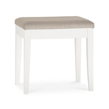 White wooden stool with light gray upholstered top and square legs
